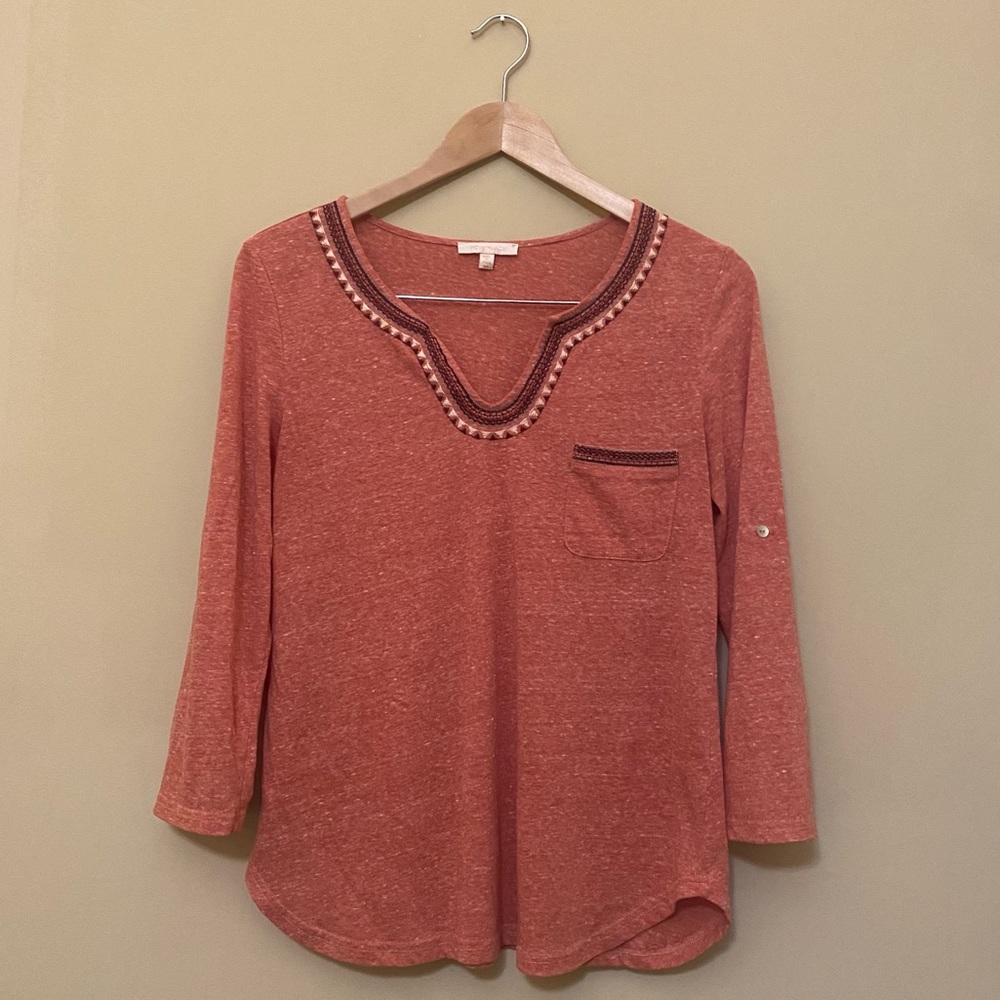 Orange 3/4 Sleeve Embroidered Skies Are Blue Top M
